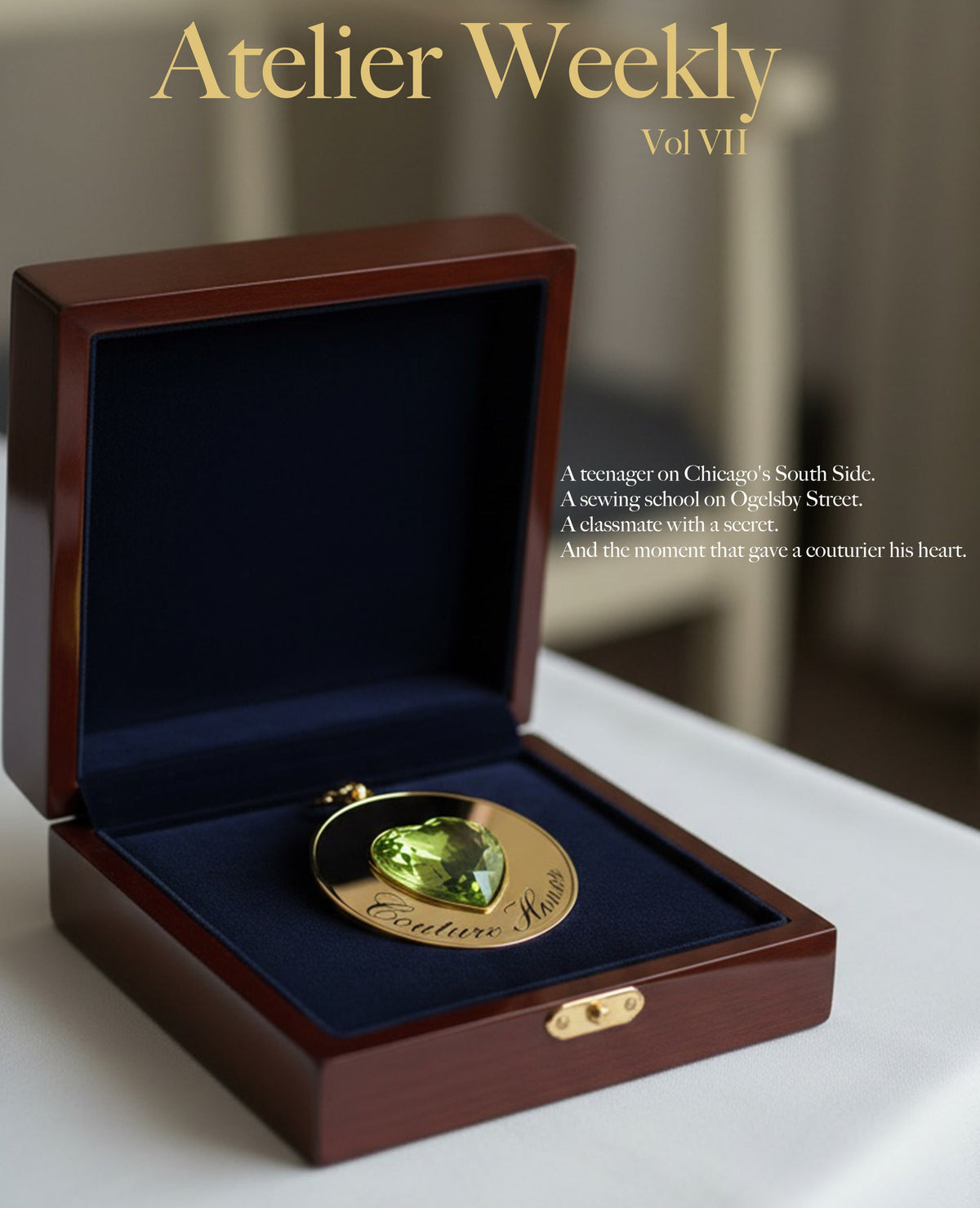 Atelier Weekly shows a handsome wooden award box with a jeweled gold award sitting on navy blue velvet upon a whiite table iin a room. 