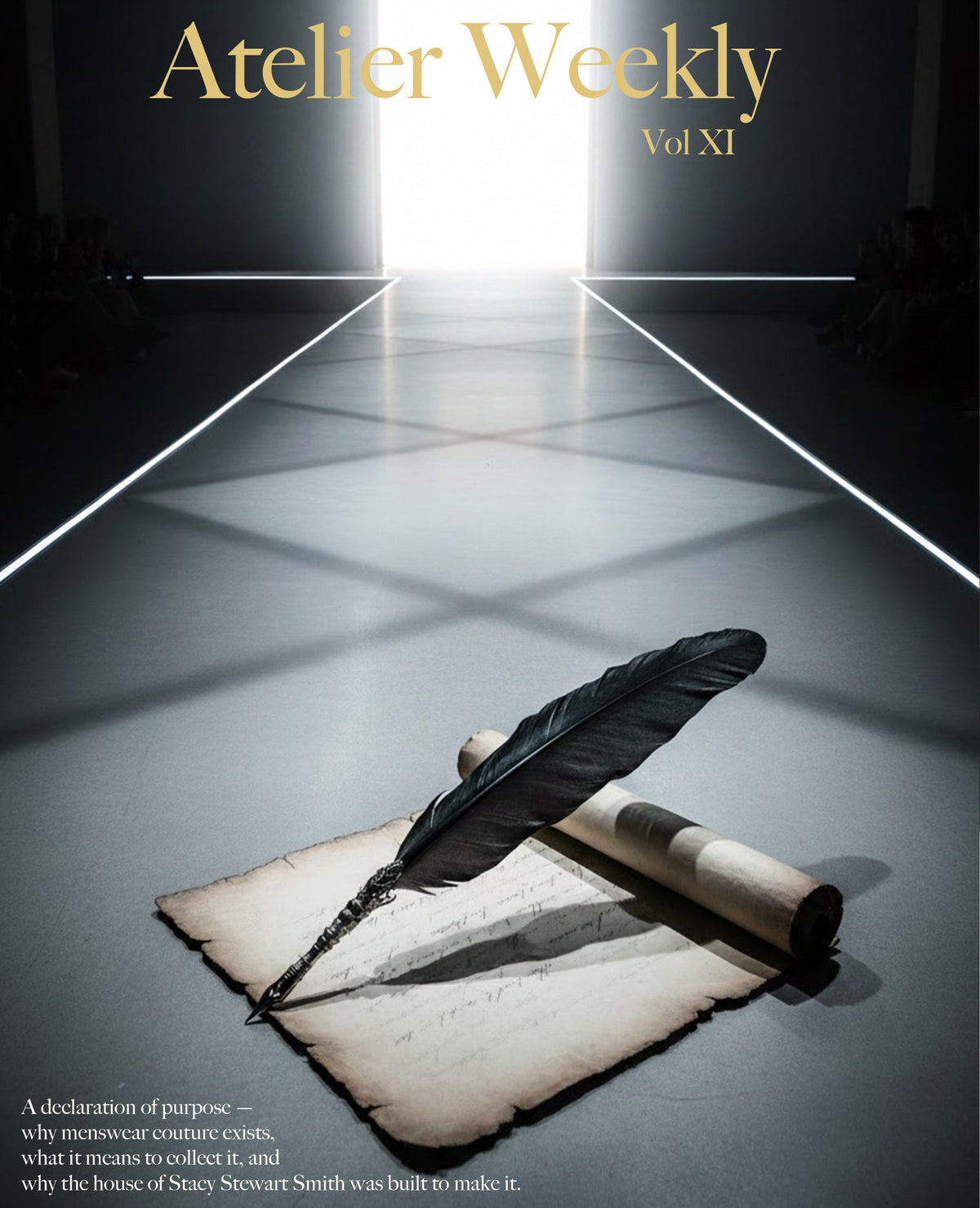 Menswear Couture Manifesto by Stacy Stewart Smith cover shows a briightly liit entrance to a fashion runway wiith parchment and quill at the forefront.