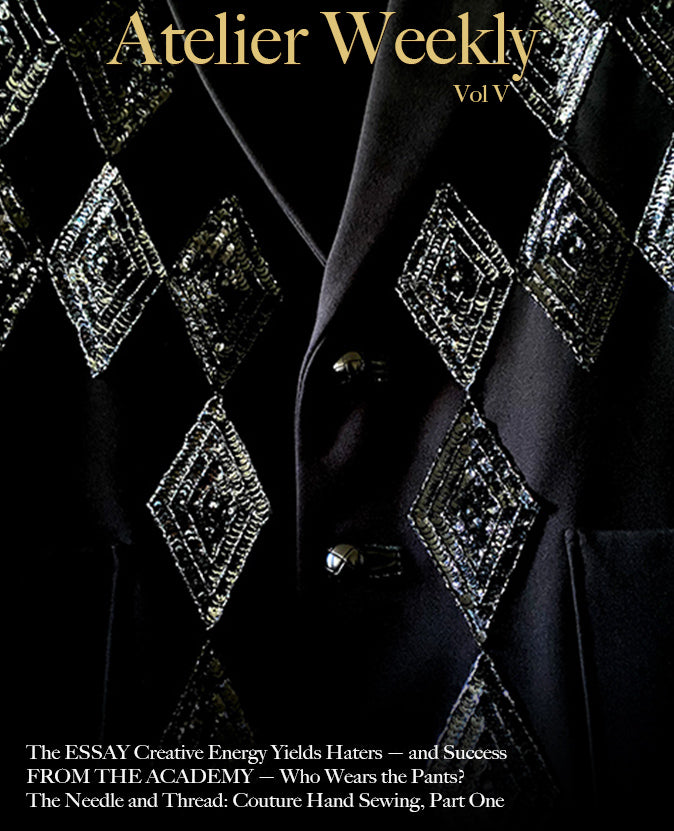 Cover of Atlelier Weekly Vol. 5 shows a close-up look at a The Harlequin Bllazer by Stacy Stewaart Smith with hand beaded and sequin appliqué and leather bound buttonholes.