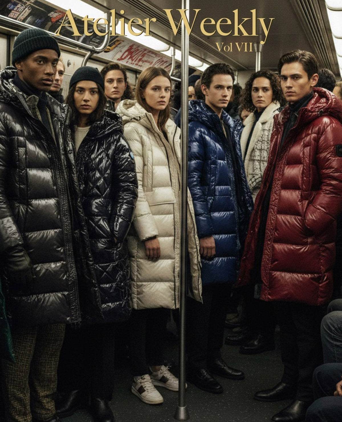 Atelier Weekly Vol. VII — Essay: Puffers May Just be Out. NewYokers riding MTA all with similar puffer down coats.