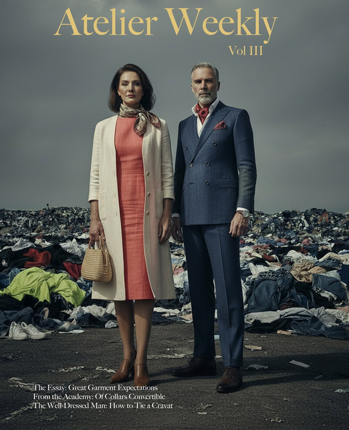Cover of Atelier Weekly shows middle-aged couple wearing couture/bespoke tailored garments and accessories in front of a skyline landfill of disposed apparel. 