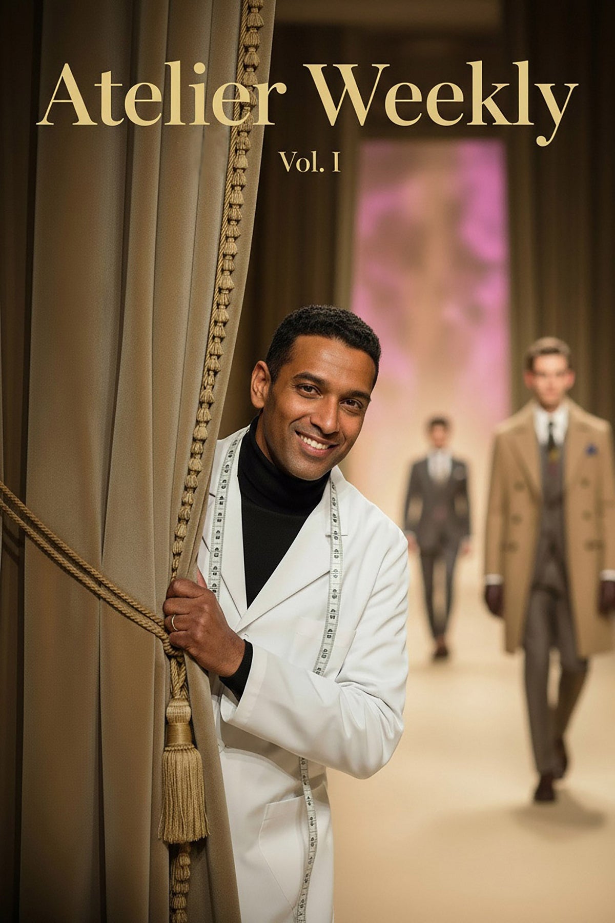 Atelier Weekly Vol. I shows a designer in a labcoat with tape measure areound his neck peering behind a curtain of a menswear fashion show as male models walk on a runway.