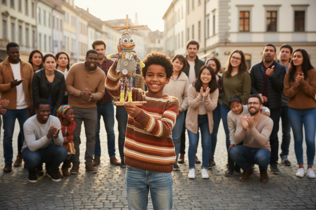 AI generated image of a brown preteen boy holds up a handmade marionette to a crowd of onlookers, symbolizing the early creative journey of designer Stacy Stewart Smith of Stacy Menswear Couture. Art Direction: Stacy Stewart Smith 2026
