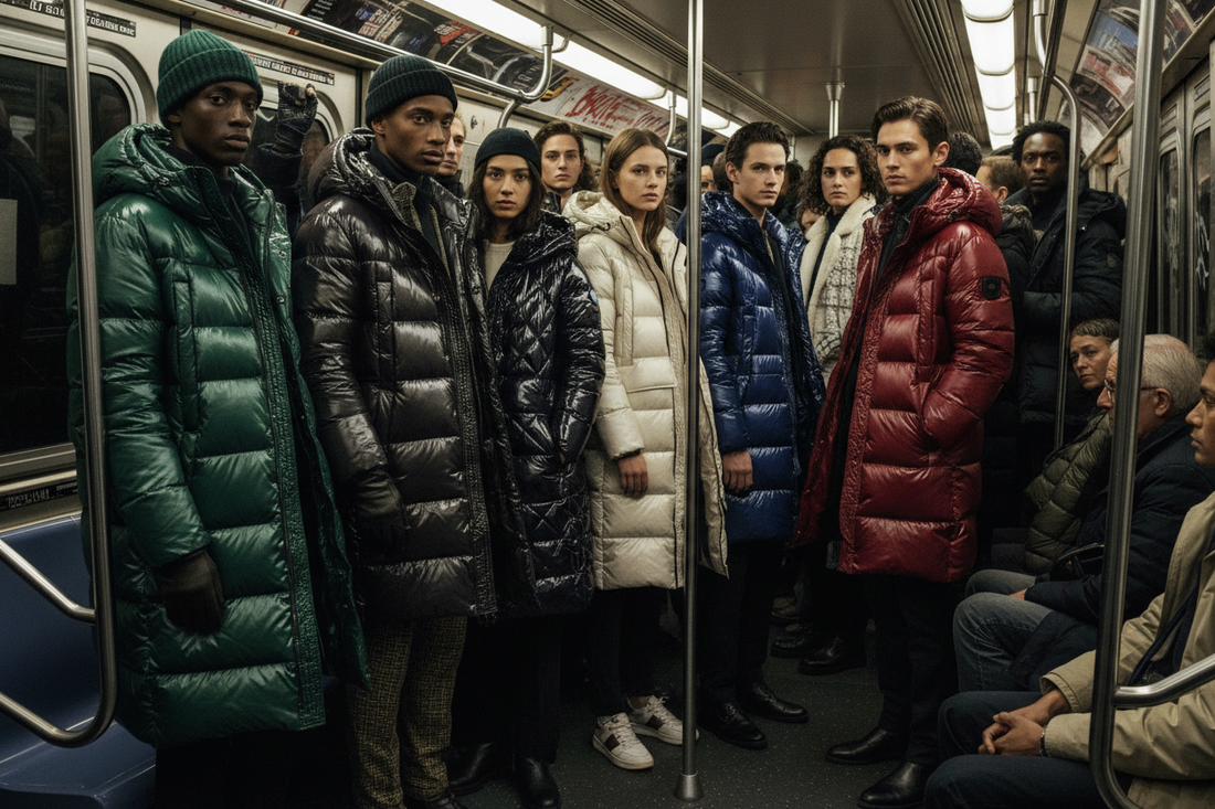An AI generated image of a group of young people standing in an MTA New York Cty subway car wearing various down or fiber filled puffer coats signiifying that the overused style is at the end of its fashion cycle. Art Direction Stacy Stewart Smith 2026