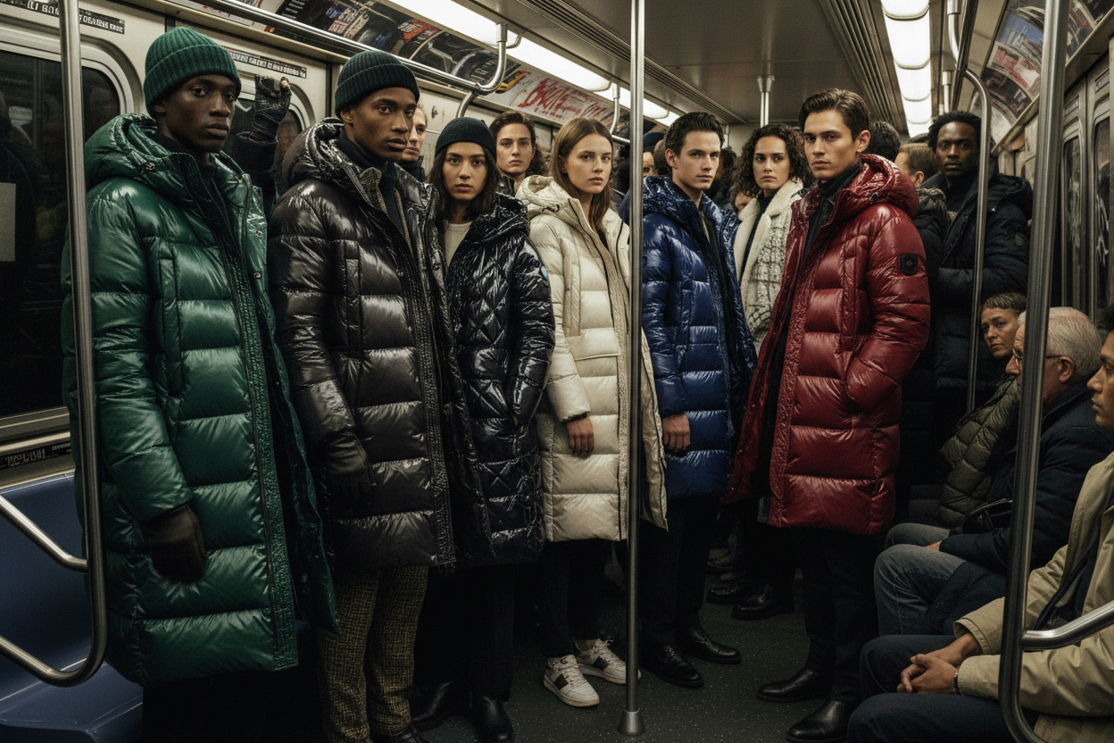 An AI generated image of a group of young people standing in an MTA New York Cty subway car wearing various down or fiber filled puffer coats signiifying that the overused style is at the end of its fashion cycle. Art Direction Stacy Stewart Smith 2026