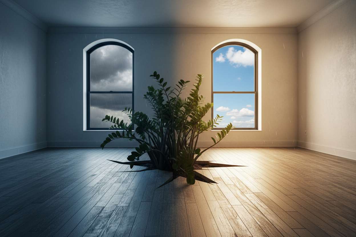 A ZZ plant growing through the wooden floor of an empty Manhattan living room with two windows, one showing dark stormy clouds and one showing light — symbolizing restoration and new beginnings.