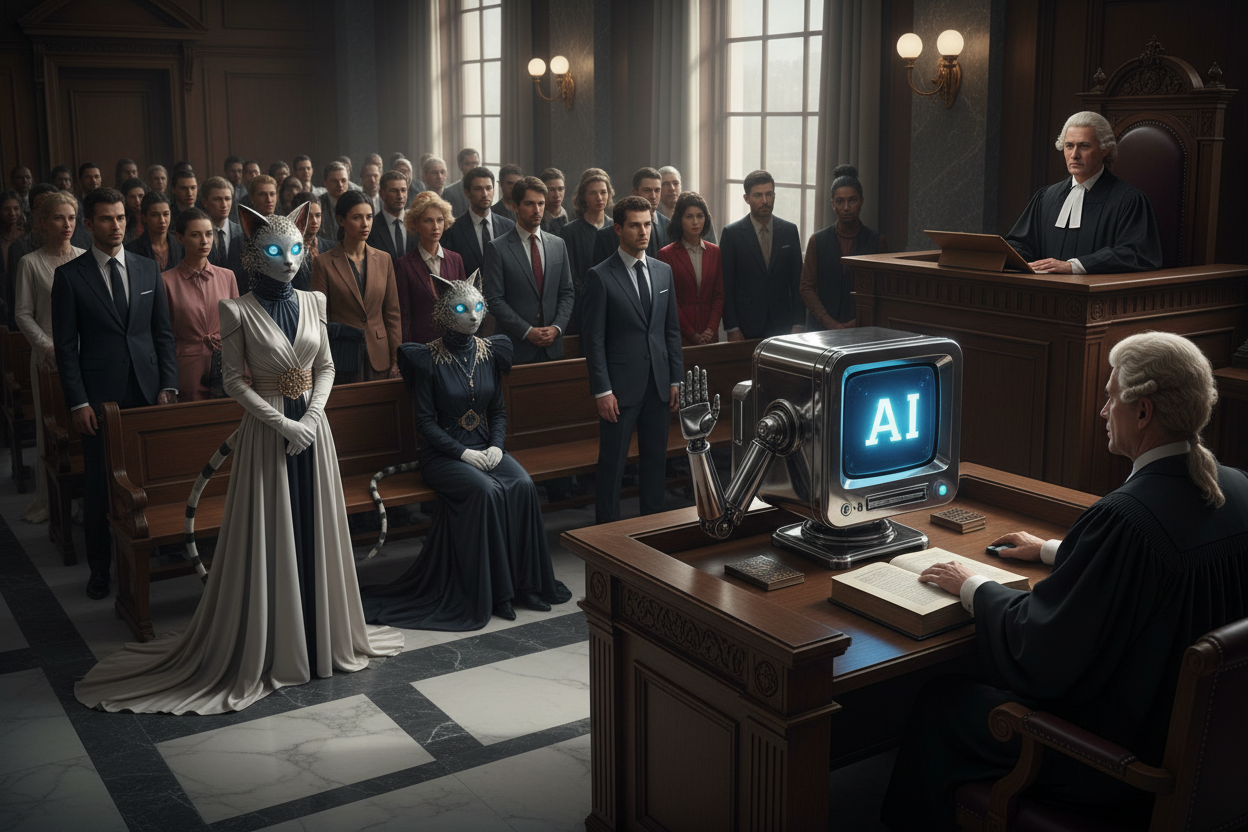 AI-generated courtroom scene with a computer in the witness stand, surrounded by a well-dressed multicultural fashion crowd