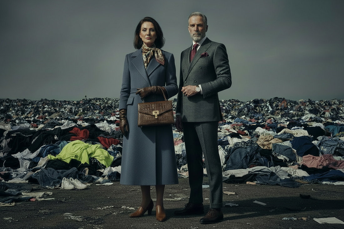 AI-generated scene of a well-dressed mature couple in front of a landfill of discarded disposable cheap clothing and a somber skyline. Art Direction: Stacy Stewart Smith 2026