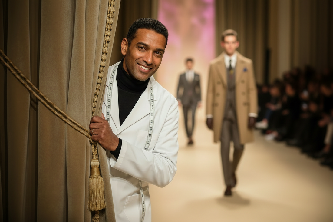 An AI generated image of a fashion designer n lab coat with a tape measure peering from a runway curtain while male models strut on a beige carpeted runway. Art Director Stacy Stewart Smith 2026.