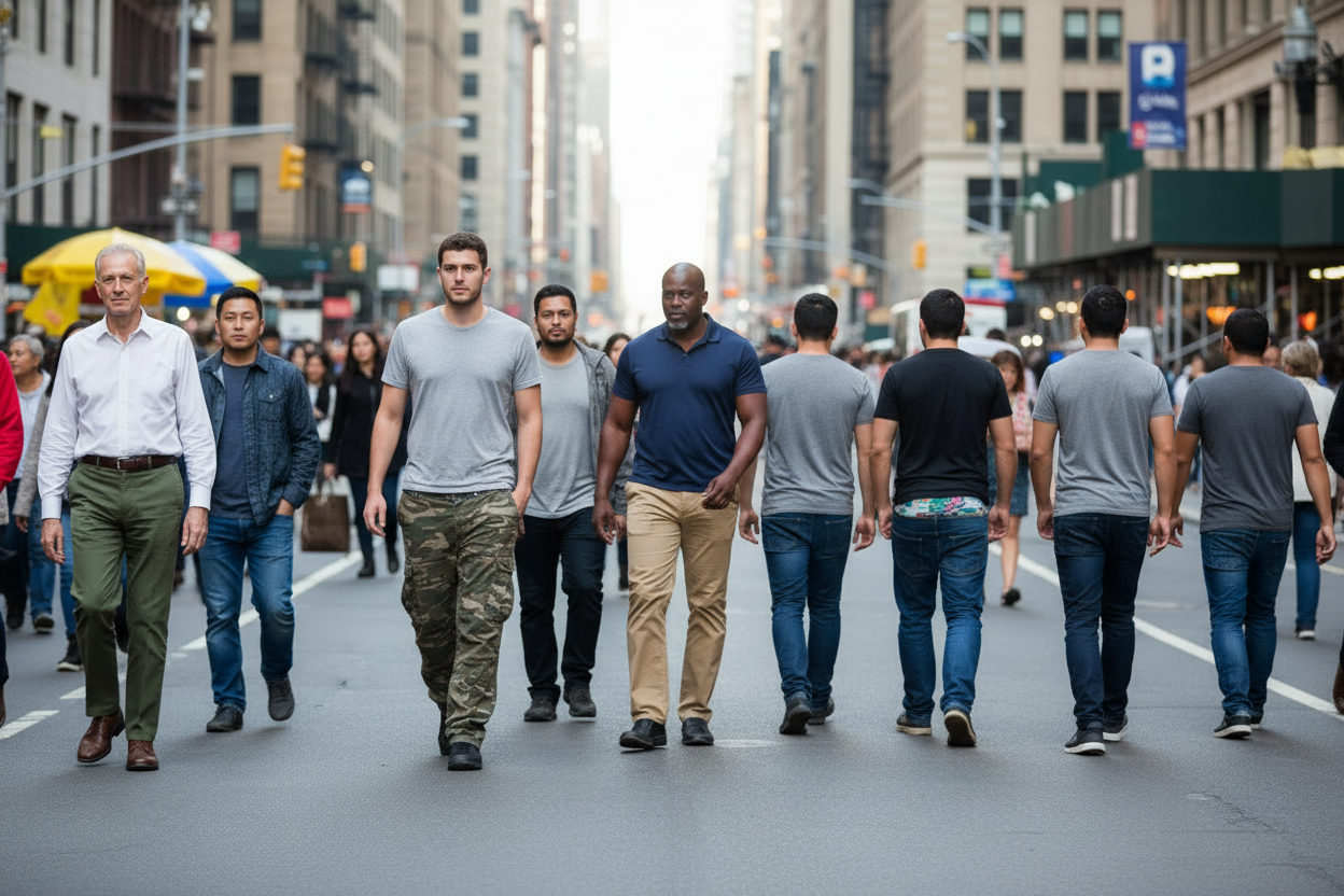 An AI generated image of various mullticultural men wearing pants in all types of styles with fit issues signifying the need to return to a more comfortable fit and the natural waistline. Art Direction Stacy Stewart Smith 2026