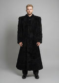 Stacy Stewart Smith Men's Bishop Long Black Curly Lamb Shearling Coat on mannequin standing 6'3" front view