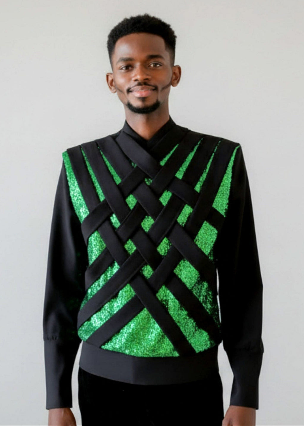 Stacy Stewart Smith Men's Argyle Labyrinth Sequined Knit Top on mannequin 6'3" front view with gray backdrop.