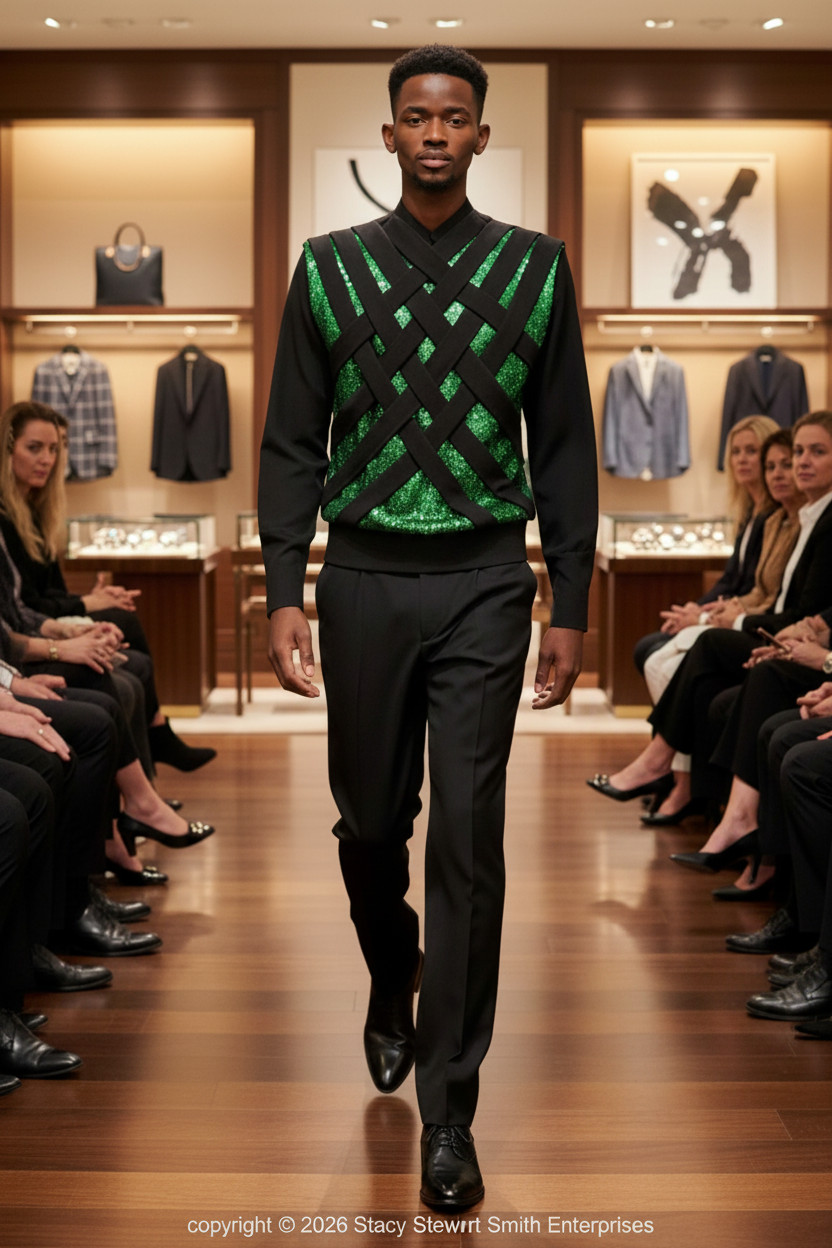 Stacy Stewart Smith Peridot and Onyx Argyle Labyrinth knit and sequined top with black pants on mannequin 6'3" walking in retail fashion show with spectators seated. 