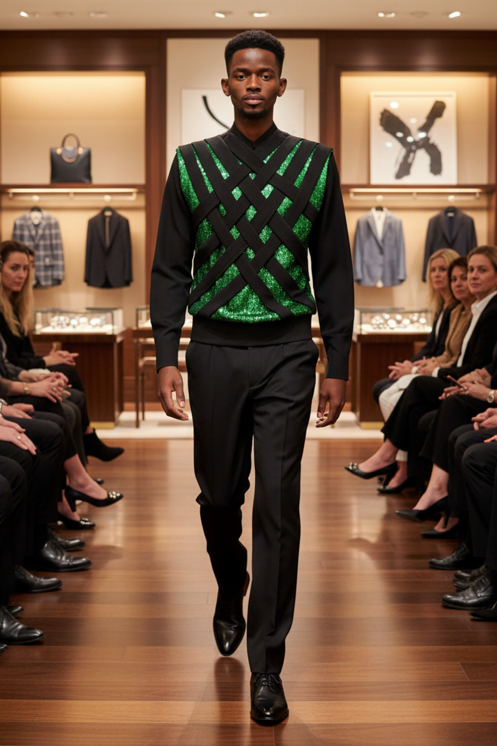 Stacy Stewart Smith Men's Argyle Labyrinth Sequined Knit Top