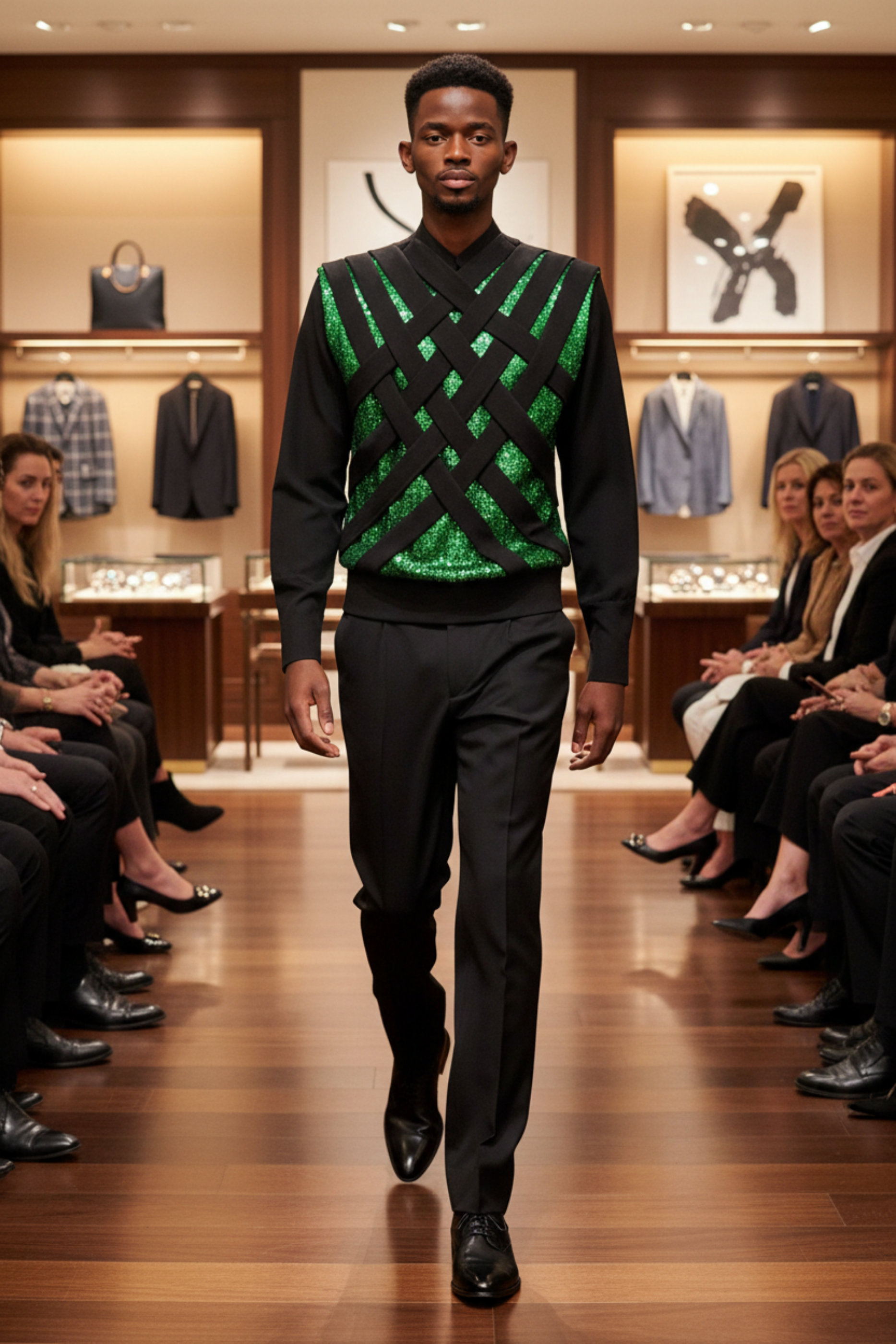 Stacy Stewart Smith Men's Argyle Labyrinth Sequined Knit Top