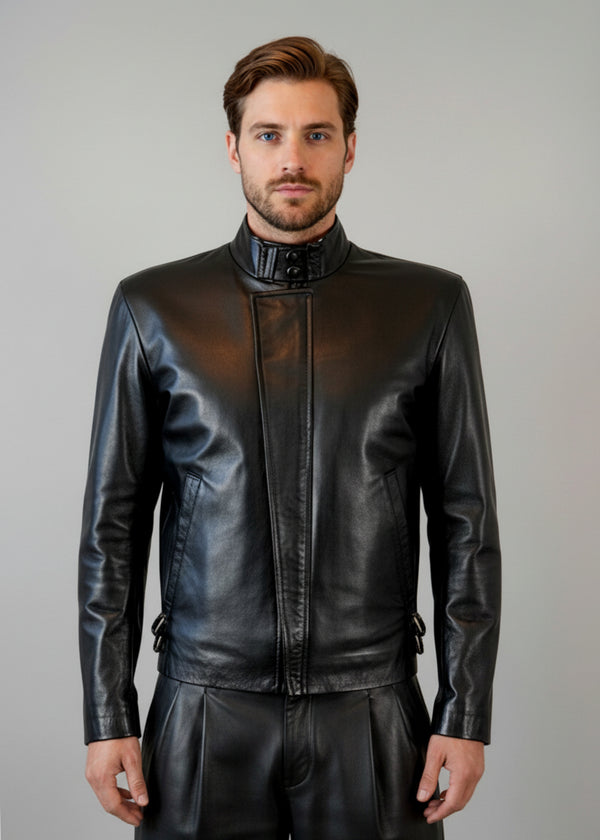 Stacy Stewart Smith Men's Flange-Back Leather Moto Jacket  on a mannequin 6'3" front view. with Fall tweed pleated Windsor pants.