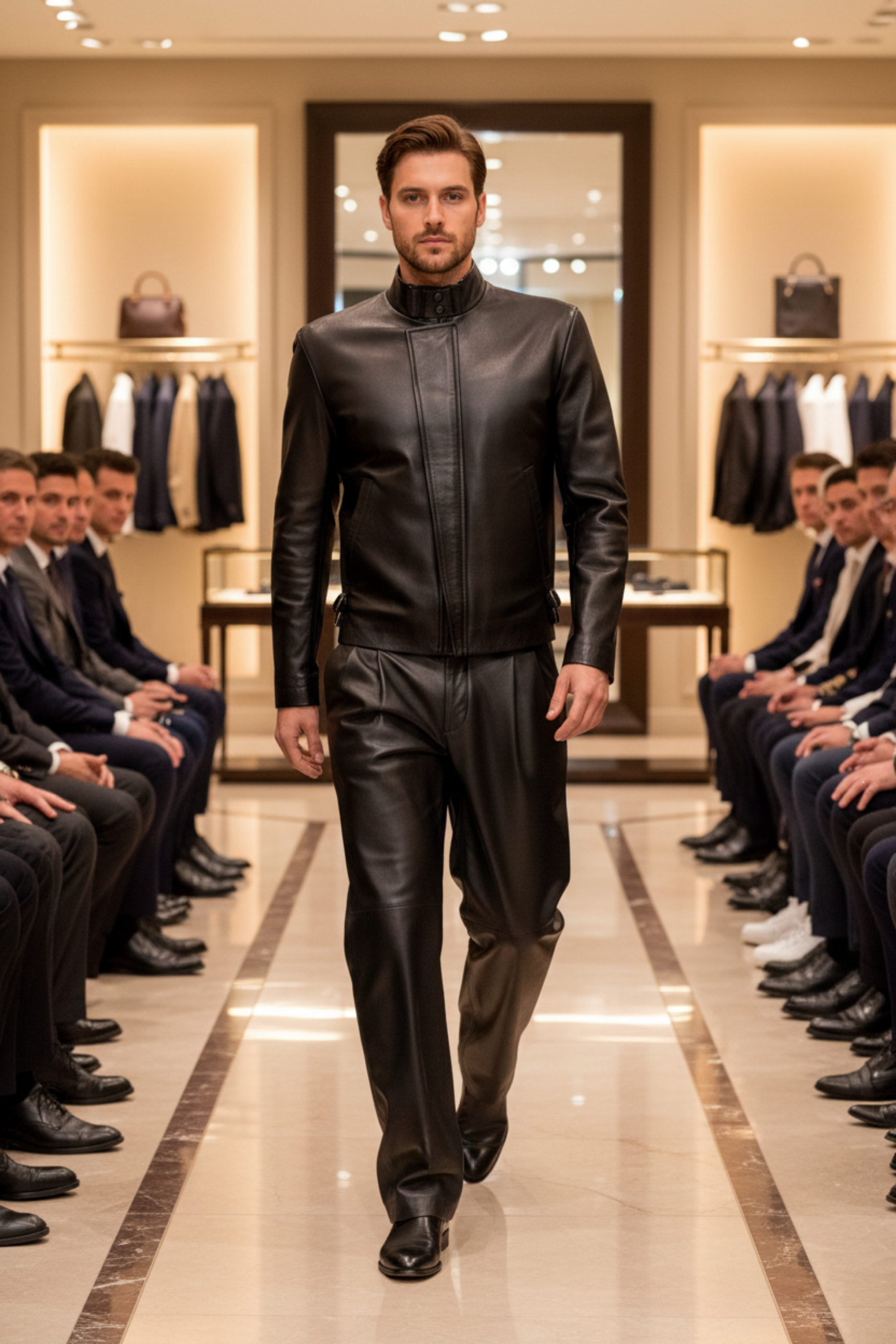 Stacy Stewart Smith men's flange-back moto jacket iin black leather with pleated leather Windsor pants on mannequin 6'3" walking on a runway with an audience in a formal setting.