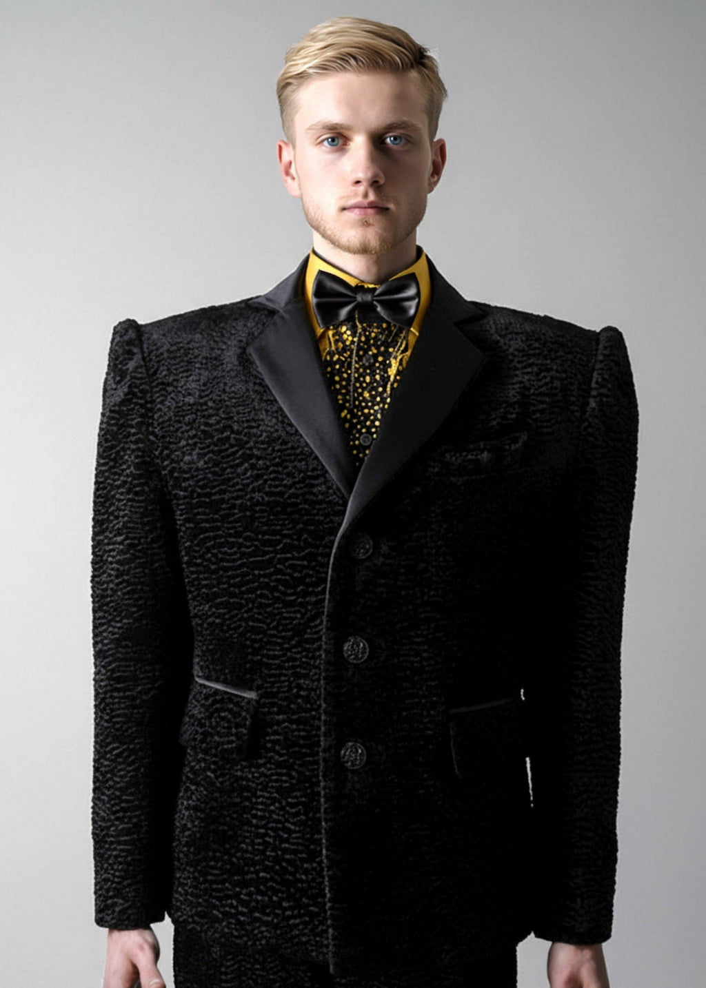 Stacy Stewart Smith Men's Faux Persian lamb Edwardian Abbreviated Tuxedo jacket, shown on a 6'3" mannequin.