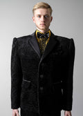 Stacy Stewart Smith Men's Faux Persian lamb Edwardian Abbreviated Tuxedo jacket, shown on a 6'3" mannequin.