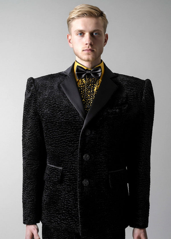 Stacy Stewart Smith Men's Faux Persian lamb Edwardian Abbreviated Tuxedo jacket, shown on a 6'3" mannequin.