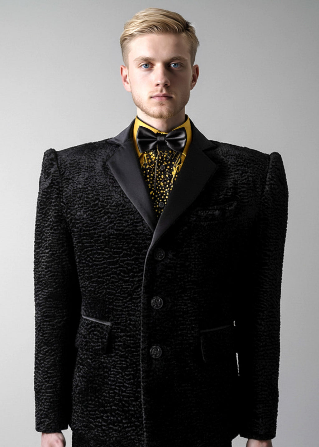 Stacy Stewart smith Onyx Grand Soir Tuxedo Ensemble on a mannequin 6'3" against a gray backdrop.