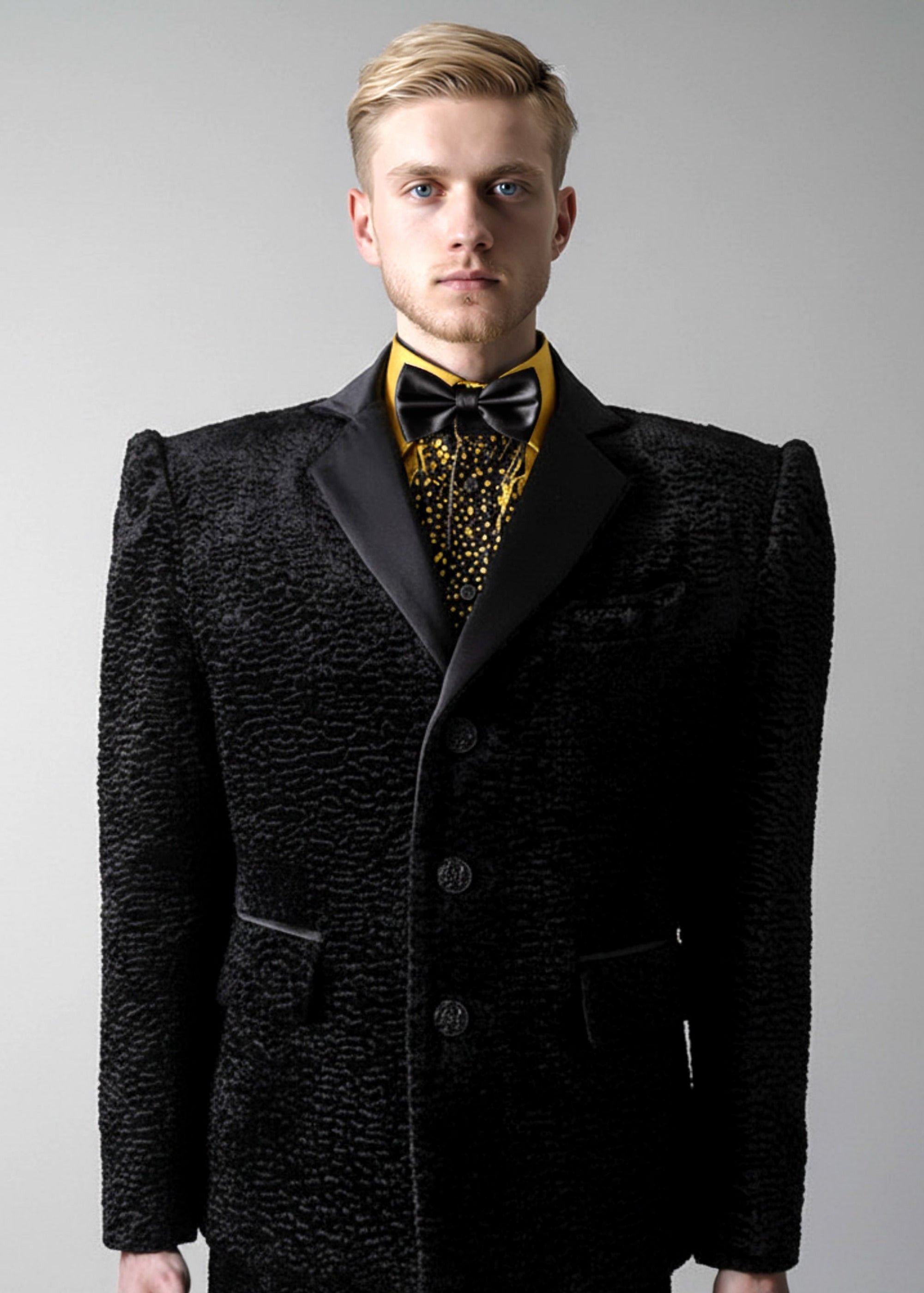 Stacy Stewart smith Onyx Grand Soir Tuxedo Ensemble on a mannequin 6'3" against a gray backdrop.