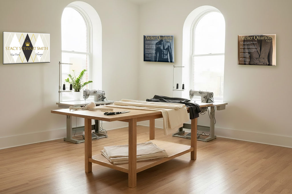 Stacy Stewart Smith's  bright, modern sewing studio with light wood floors, featuring a central wooden work table with fabric and a sewing machine on top, flanked by two arched windows and framed wall art.