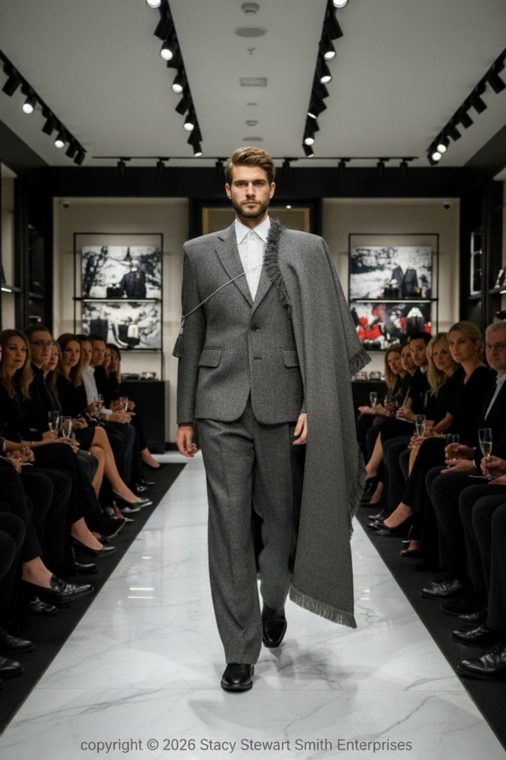 STACY STEWART SMITH'S Cement/Onyx Diamond Dodger Tweed 3-piiece single breasted blazer, pants and shawl on mannequin 6'3" in upscale retail fashion show with spectators.