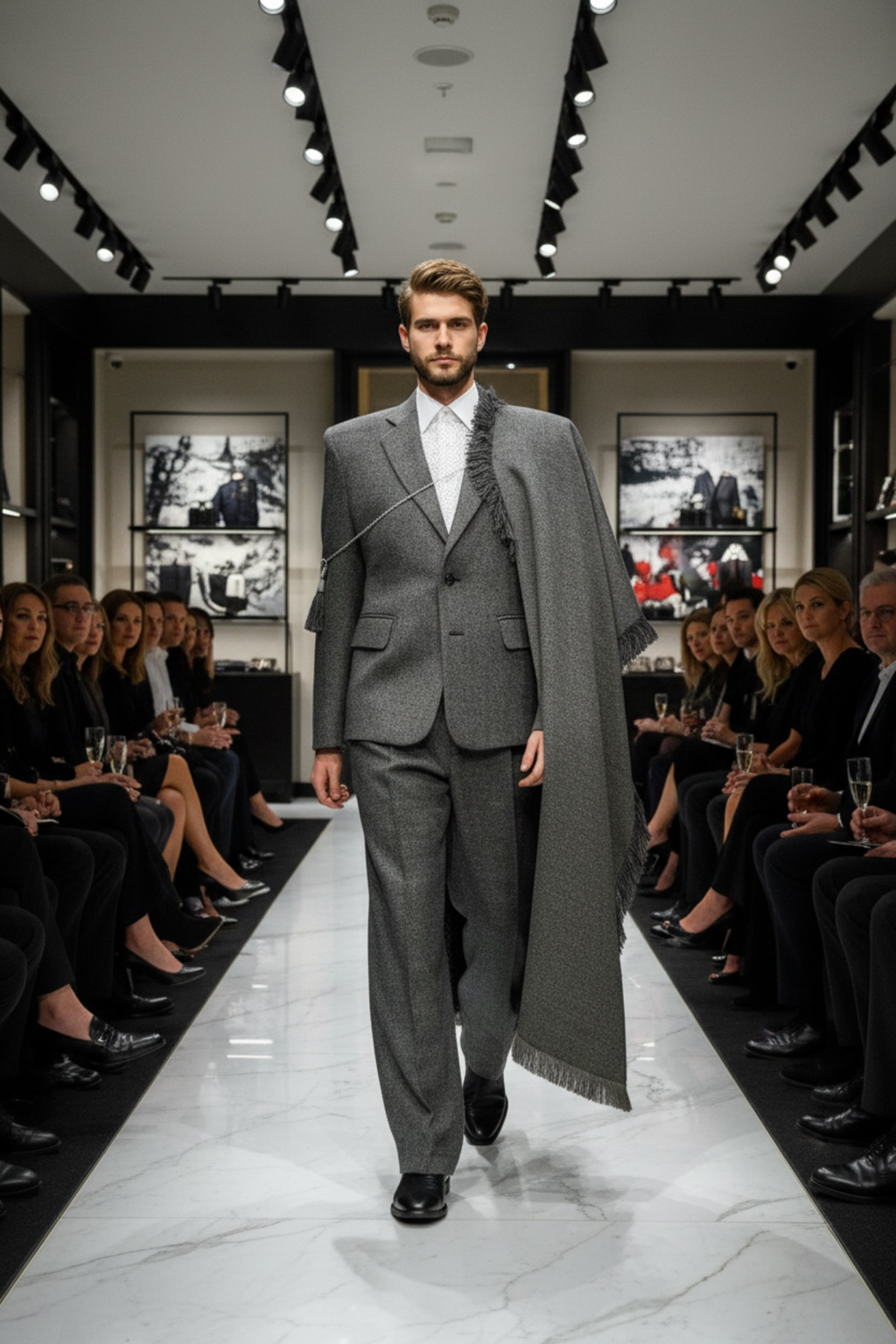 STACY STEWART SMITH'S Cement/Onyx Diamond Dodger Tweed 3-piiece single breasted blazer, pants and shawl on mannequin 6'3" in upscale retail fashion show with spectators.