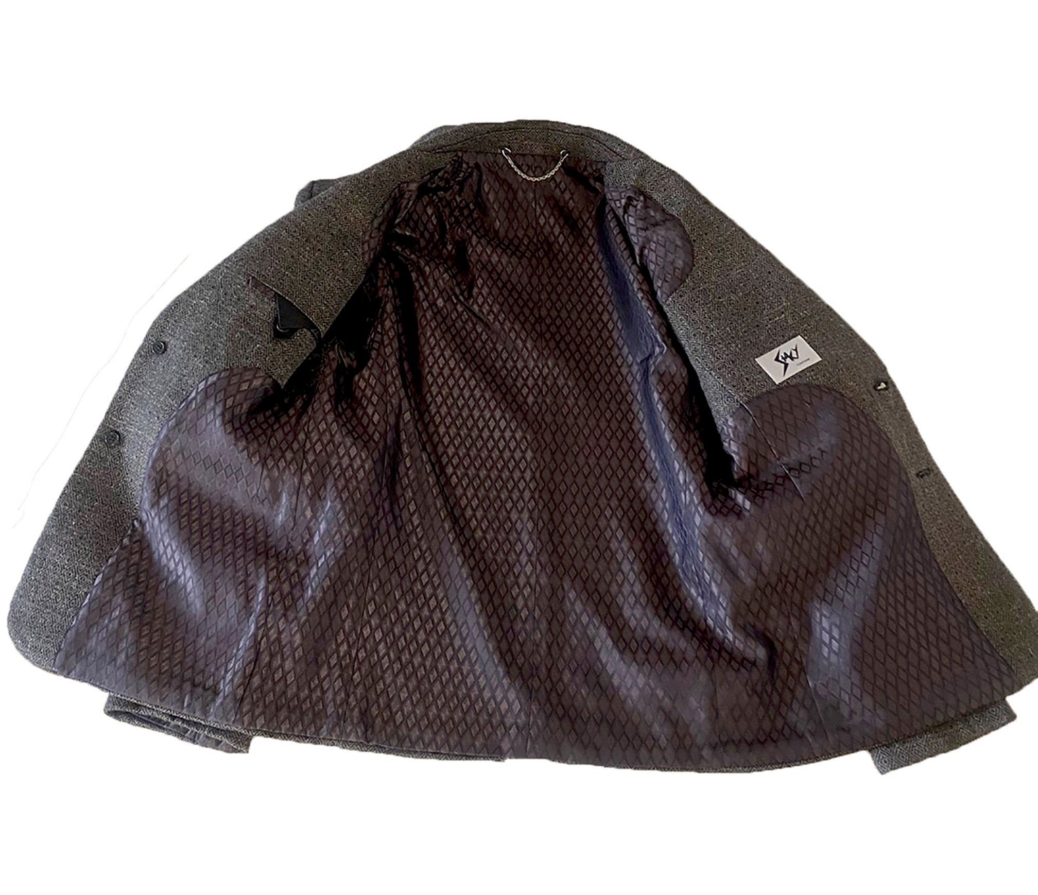 Stacy Stewart Smith Men's Diamond Dodger Tweed Notched Lapel Blazer on a surface (front view lining opened with brand label) against White background.