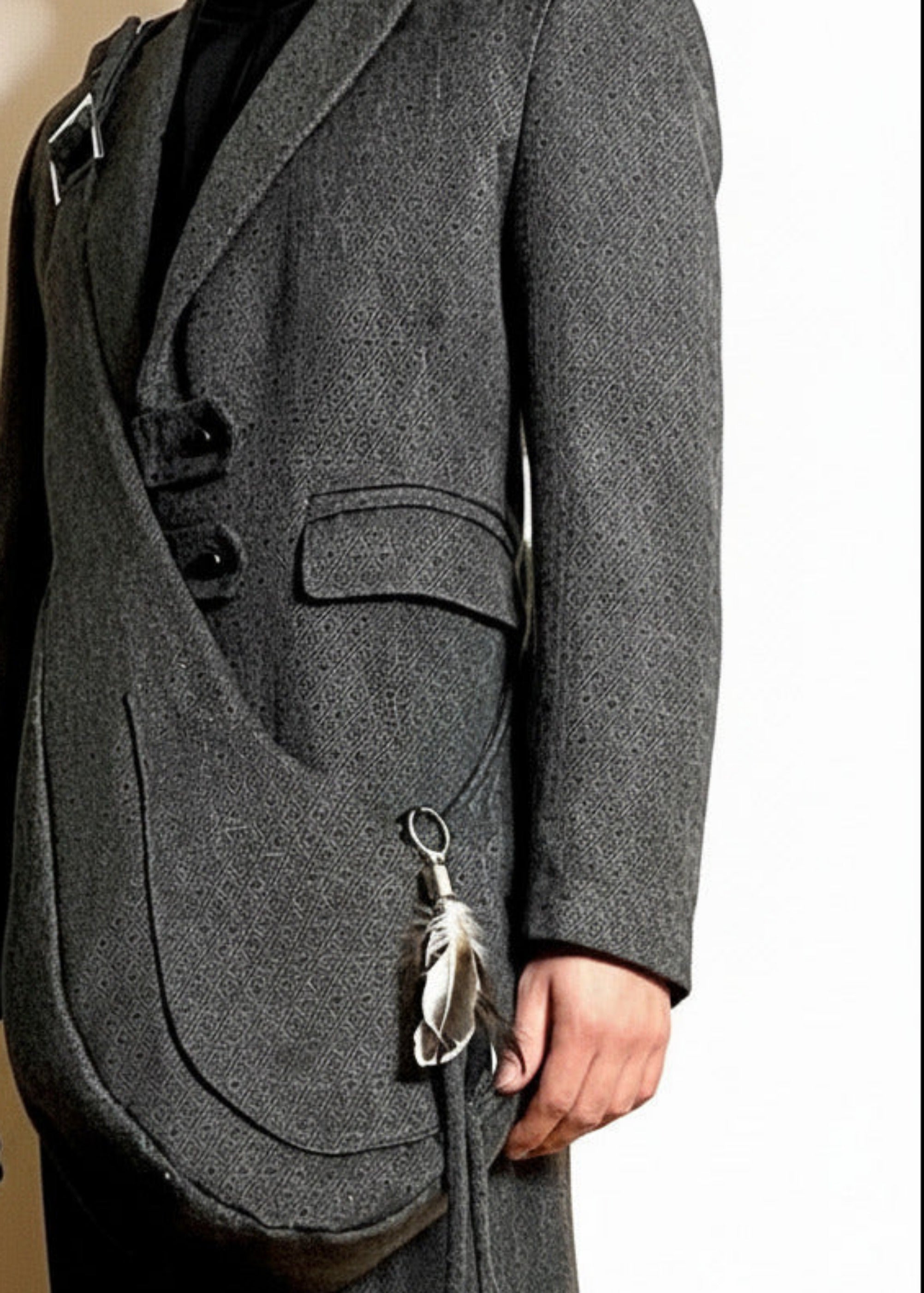 Stacy Stewart Smith Men's Diamond Dodger Tweed Newsie Sling Bag on  a mannequin 6'3" 3/4 view.