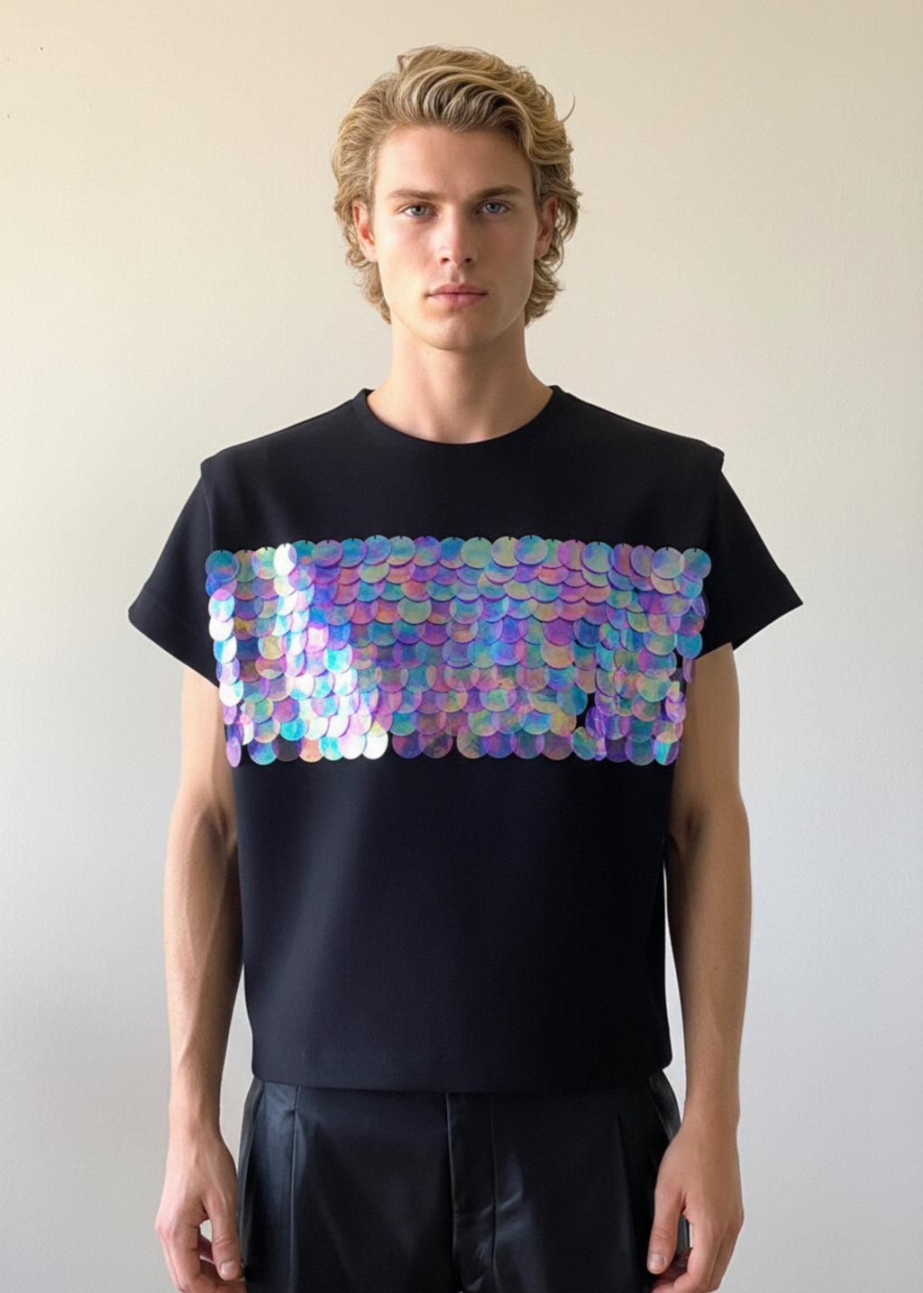 Stacy Stewart Smith Men's Dragon Scales Flange T-Shirt on mannequin 6'3" front view.