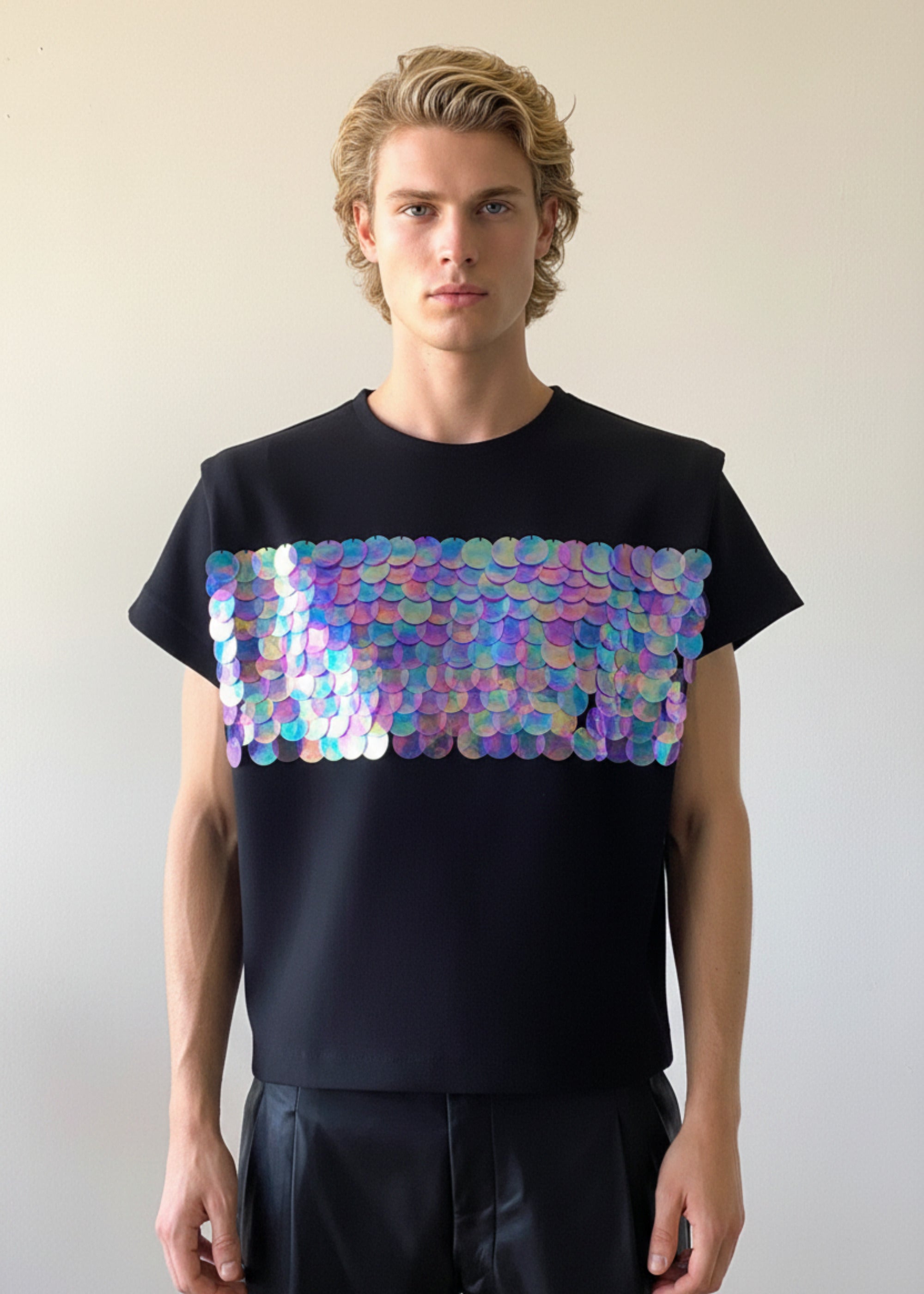 Stacy Stewart Smith Men's Dragon Scales Flange T-Shirt on mannequin 6'3" front view.
