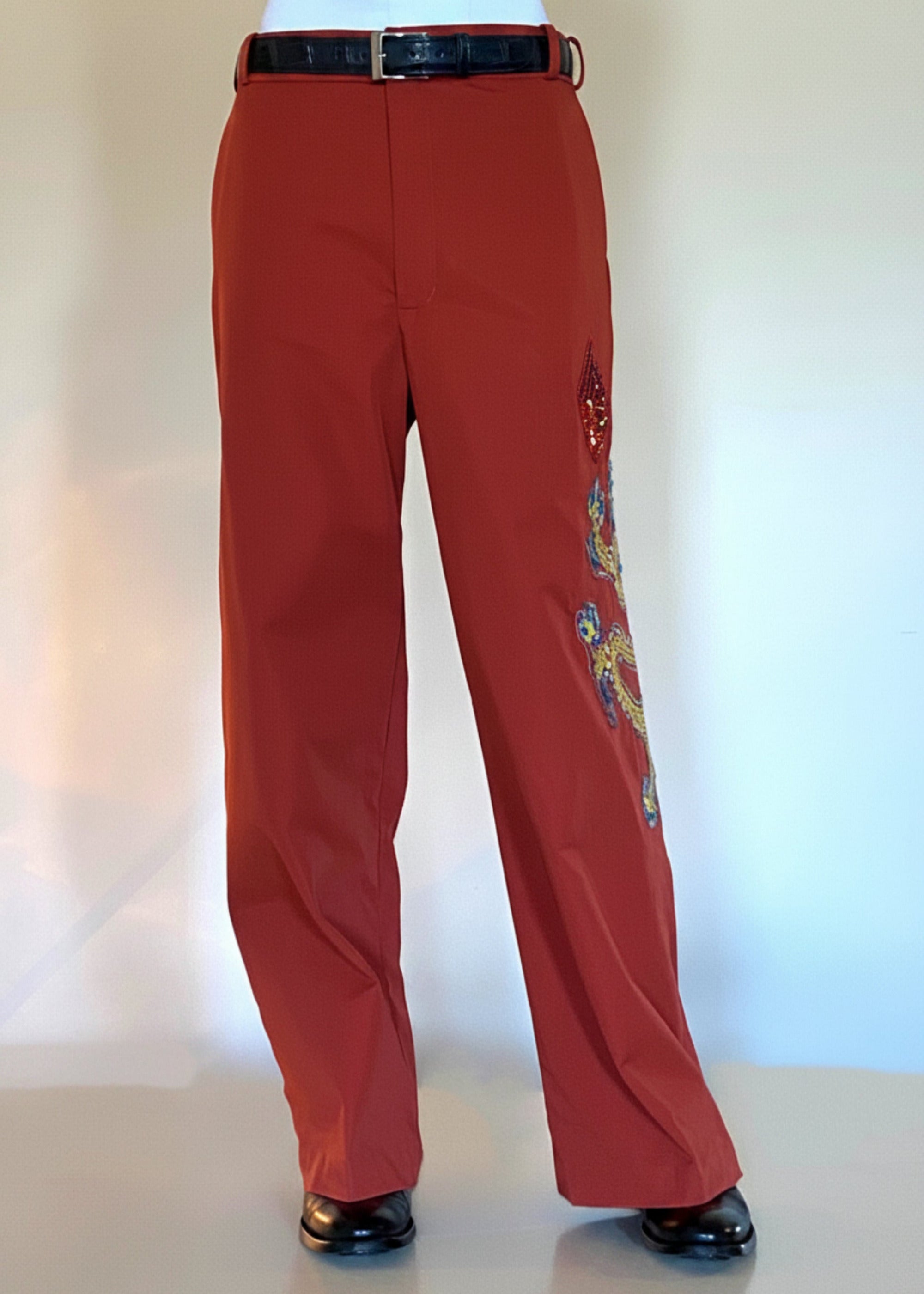 Stacy Stewart Smith Dragon & Ruby Flat Front Persimmon Cotton Twill Windsor Pants on a mannequin 6'3" front view.