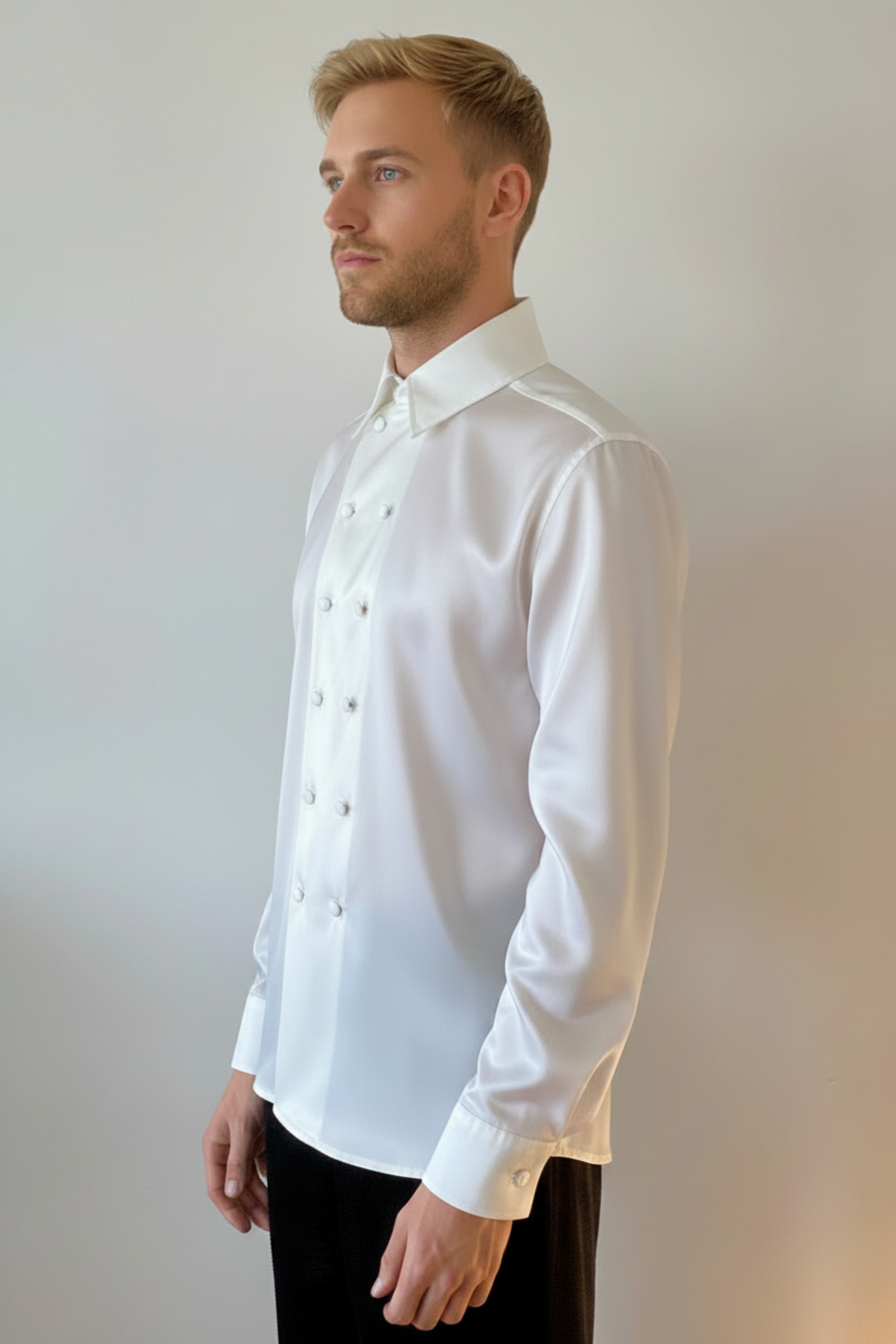 Stacy Stewart Smith Men's Flint  Duex Fois Poly Satin Shirt on a male mannequin 6'3 frontal 3/4 view against an antique white wall.