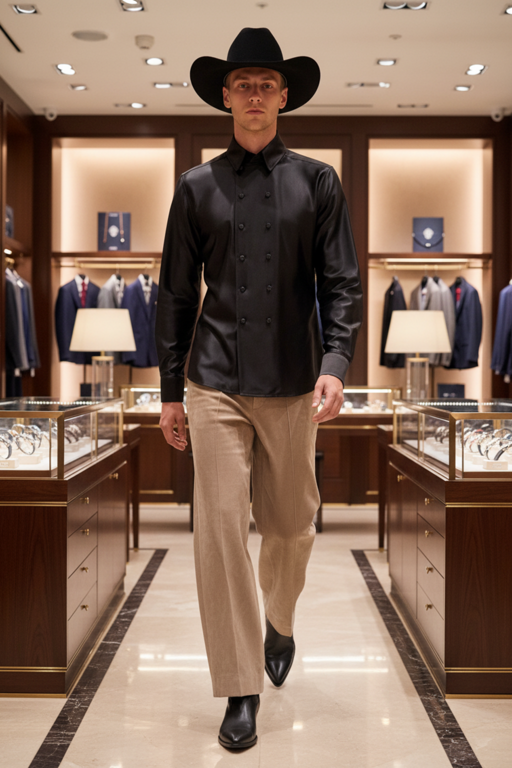 Stacy Stewart Smith Due Fois Satin Shirt on mannequin 6'3" in department store frontal runway shot