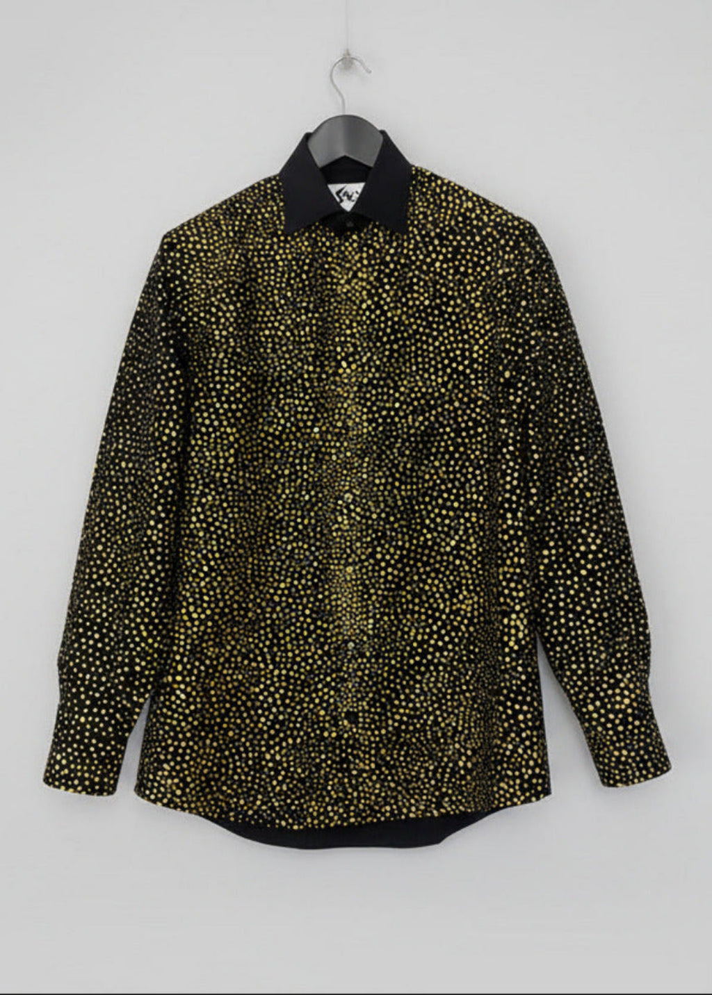 Stacy Stewart Smith Men's Golden Angels Black Premium Cotton Percale Hand-Painted Shirt on a hanger front view.