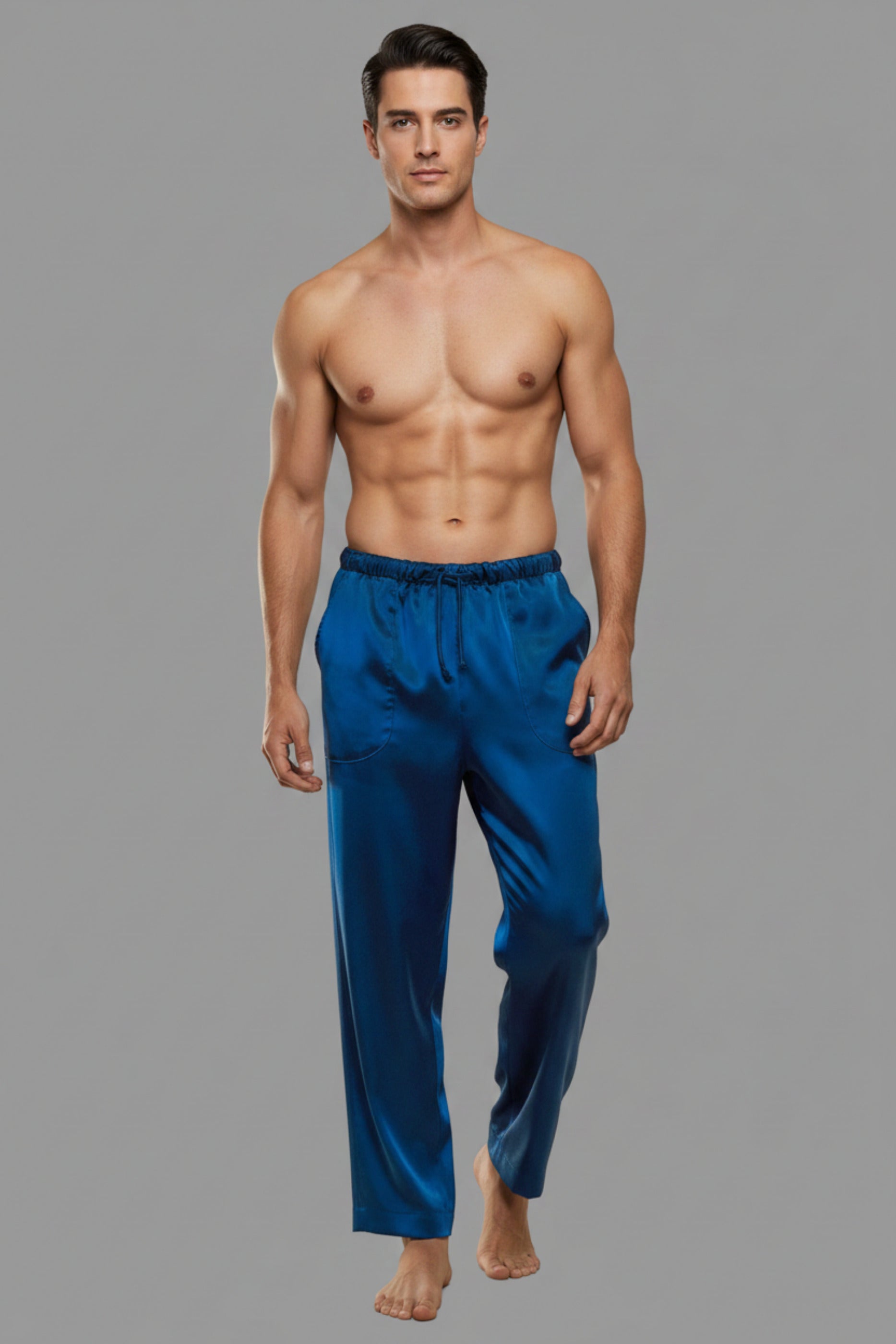 Stacy Stewart Smith Men's Blue Lagoon Satin Jiu-jitsu Pants on a mannequin 6'3" frontal view. 