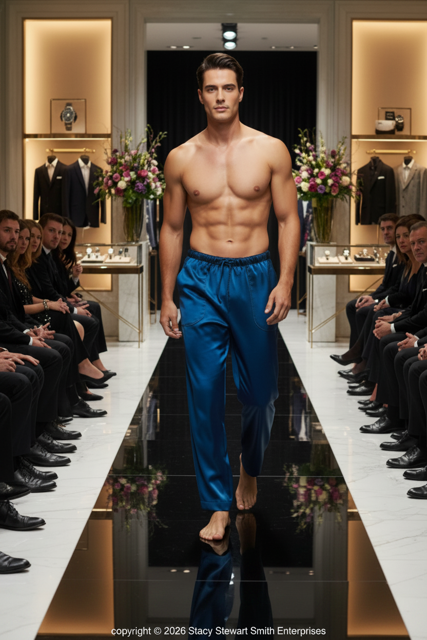 Stacy Stewart Smith Lagoon Jiu-Jitsu drawstring pants on mannequin 6'3" walking in a retail fashion show with spectators.