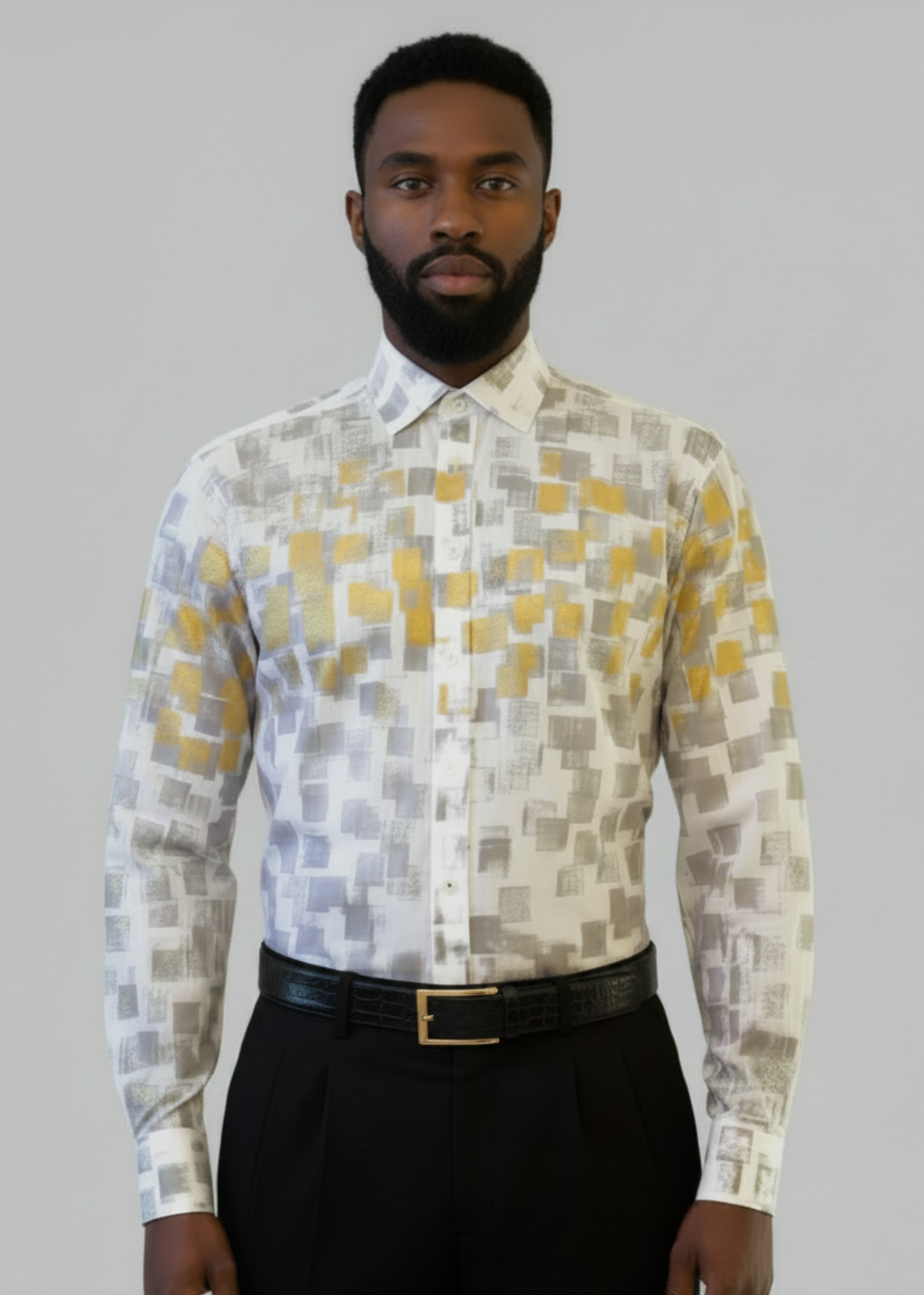 Stacy Stewart Smith Men's White Premium Cotton Percale Hand-Painted Gold & Silver Pixels Shirt on a mannequin 6'3" front view with gray background. 