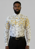 Stacy Stewart Smith Men's White Premium Cotton Percale Hand-Painted Gold & Silver Pixels Shirt on a mannequin 6'3" front view with gray background. 