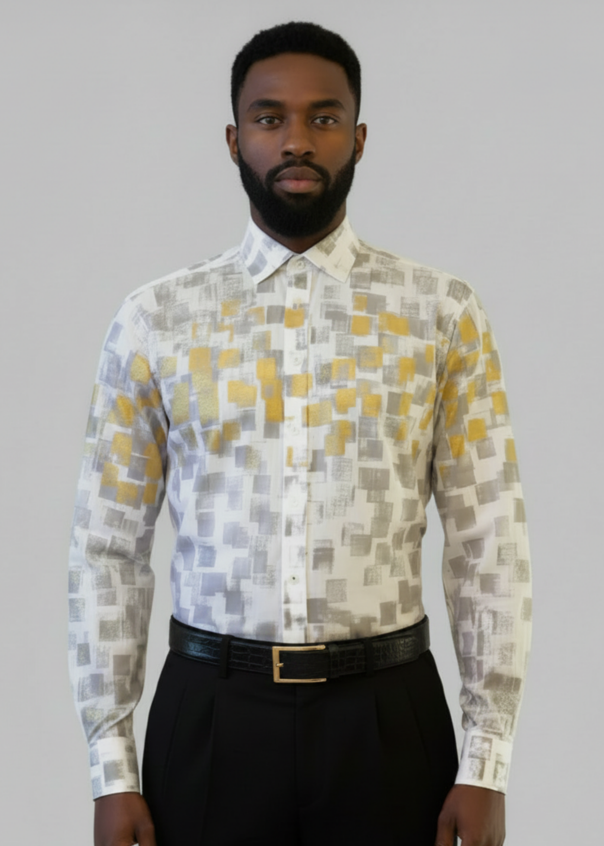 Stacy Stewart Smith Men's White Premium Cotton Percale Hand-Painted Gold & Silver Pixels Shirt on a mannequin 6'3" front view with gray background. 