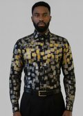 Stacy Stewart Smith Men's Black Premium Cotton Percale Hand-Painted Gold & Silver Pixels Shirt on a mannequin 6'3" front view with gray background. 