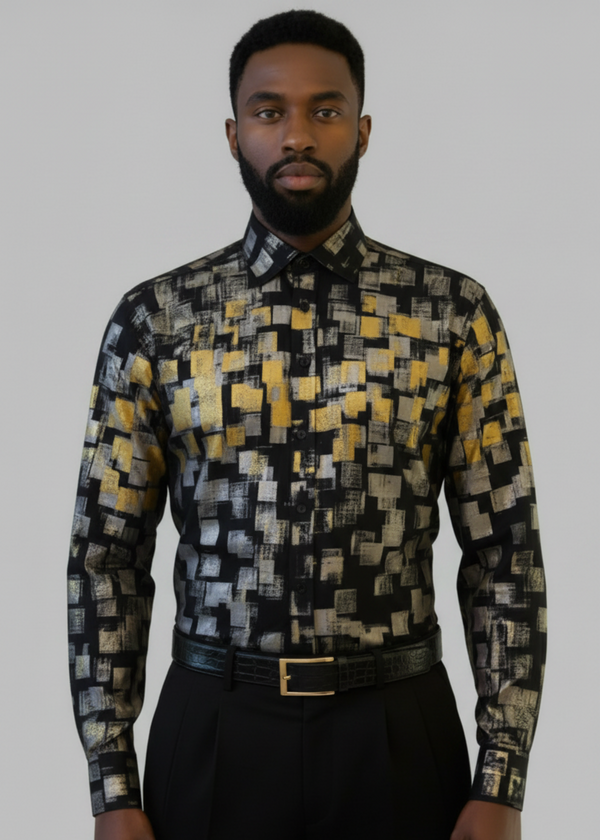 Stacy Stewart Smith Men's Black Premium Cotton Percale Hand-Painted Gold & Silver Pixels Shirt on a mannequin 6'3" front view with gray background. 