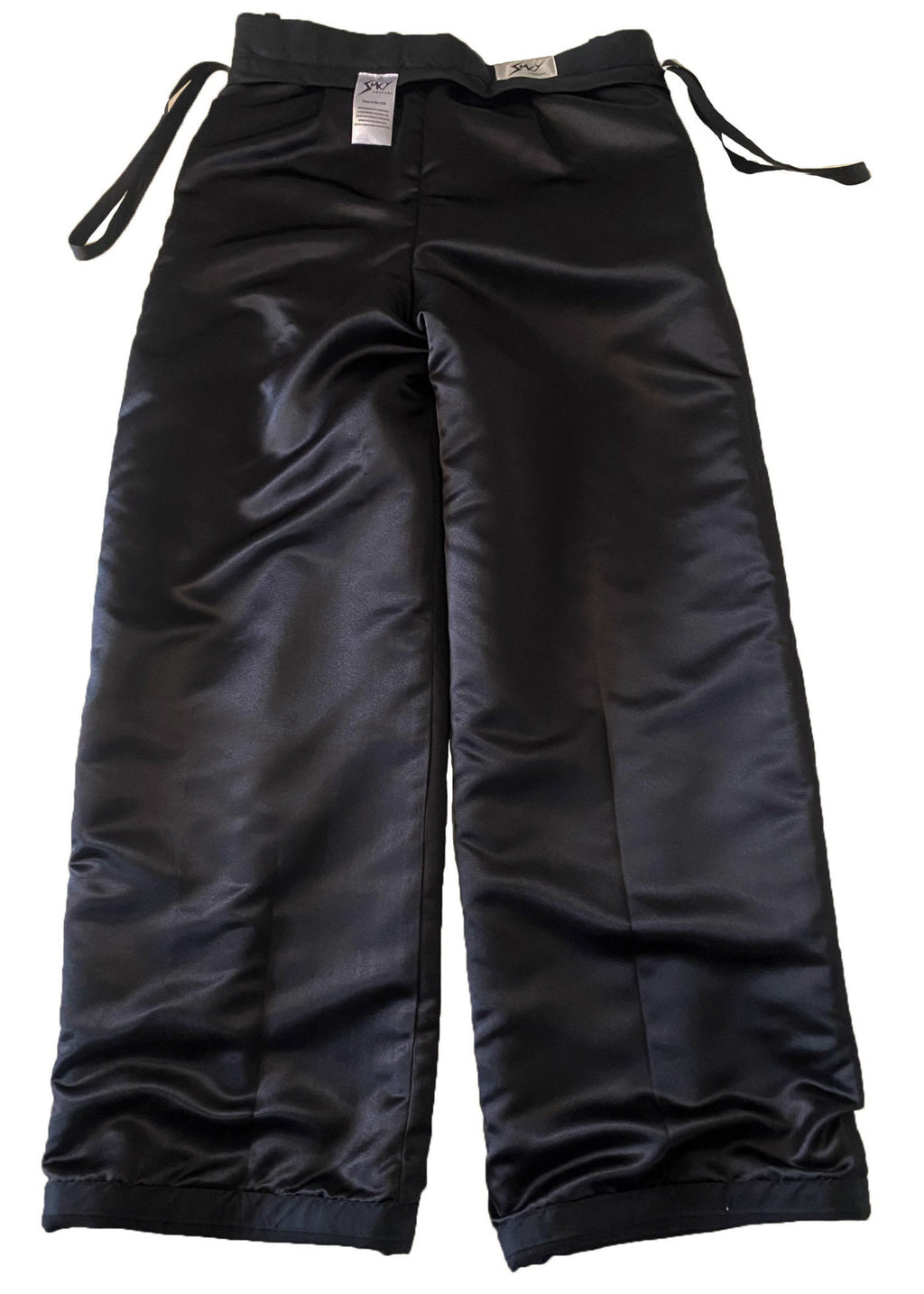 Stacy Stewart Smith Men's Black Knit Pleated Windsor Pants on mannequin 6'3" flat back lining view on white surface.