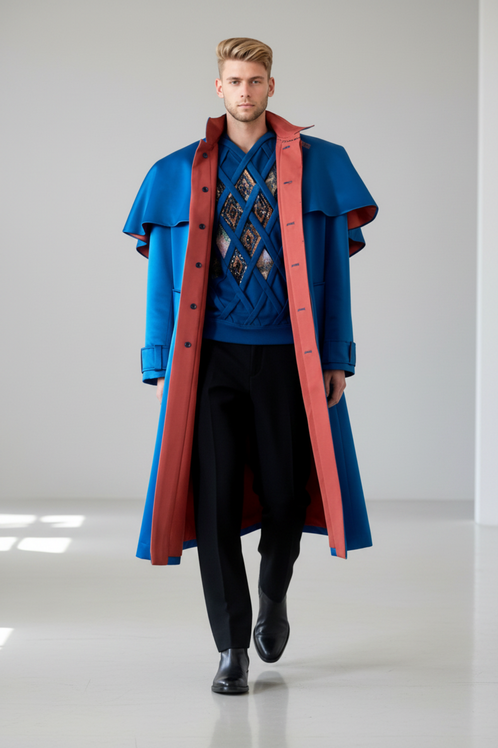 Stacy Stewart Smith Men's Baron Shower Coat on mannequin 6'3" walking in a fashion presentation open frontal view.