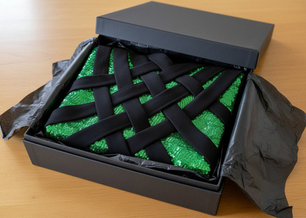 Stacy Stewart Smith Men's Argyle Labyrinth Sequined Knit Top in a black gift box with a lid and black tissue paper on a wooden table.
