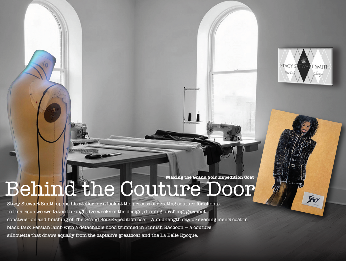 A promotional interior photo for Stacy Stewart Smith couture, showing a large mannequin dress form, sewing tables, arched windows, and a framed fashion portrait on a beige background. Large overlaid text reads 'Behind the Couture Door' with smaller descriptive copy.