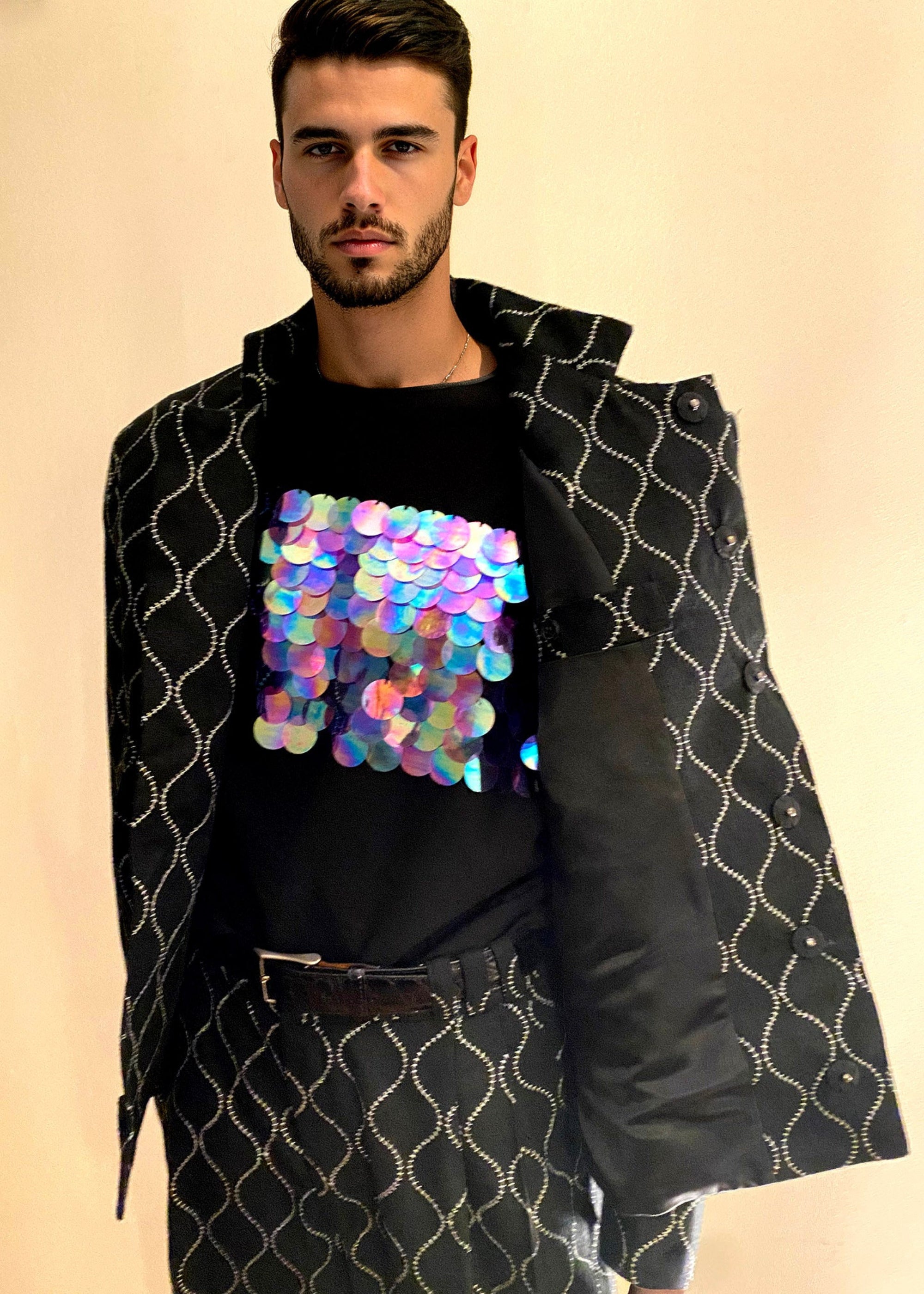 Stacy Stewart Smith Ogee Embroidered Raw Silk Flange-Back Moto Jacket on a mannequin 6'3" frontal with Dragon Scales Tee and lining showing at front view  and antique white background.