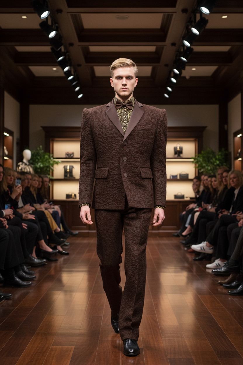 Stacy Stewart Smith Espresso Faux Persian Lamb Tuxedo on mannequin 6'3" in high end retail store runway setting with audience seated.